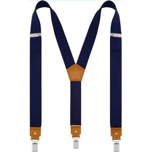 Men's Suspenders Navy Blue Y-Back with Brown Leather‎ Trim & Silver Clips New